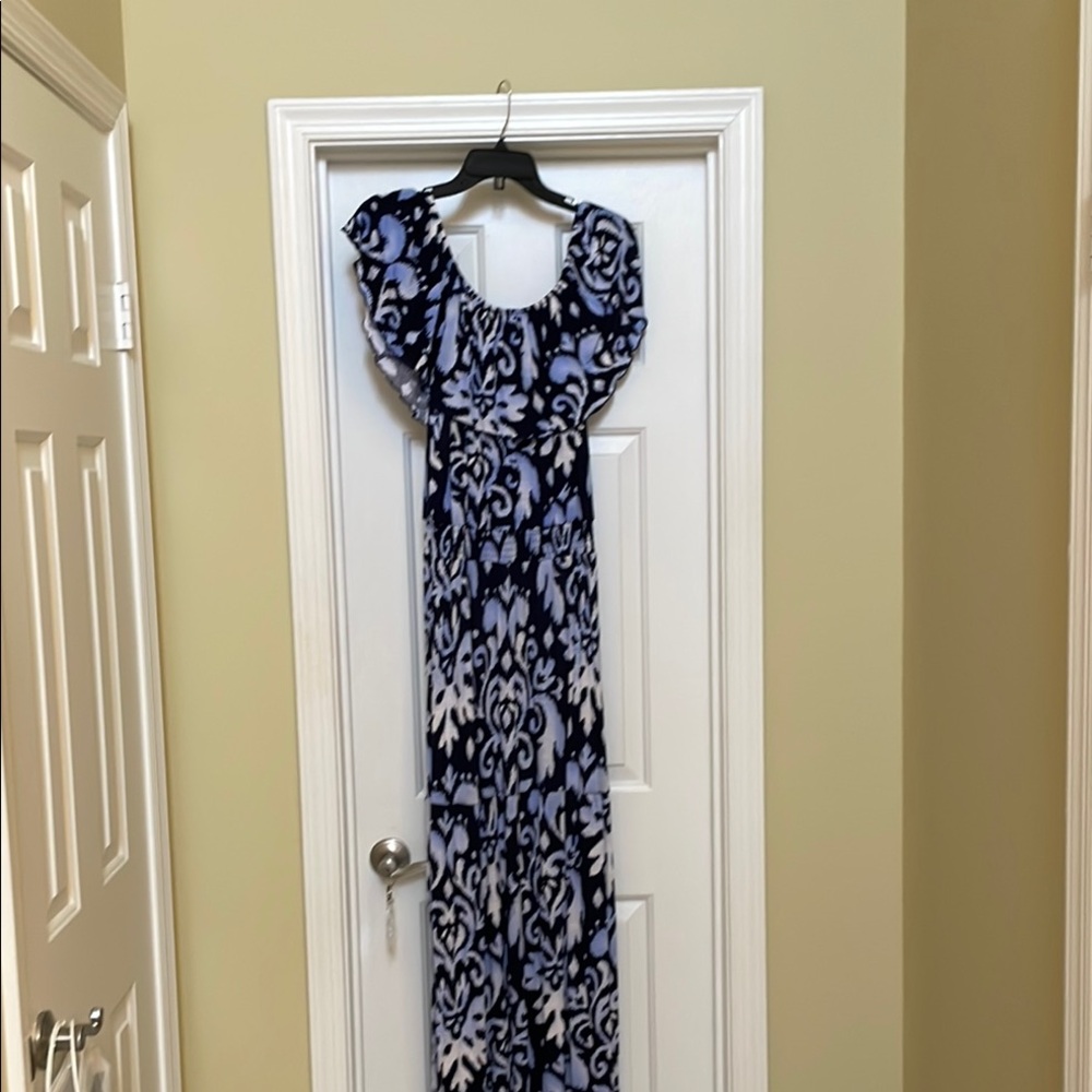 INC International Concepts Blue and White Ruffled Wrap Maxi Dress